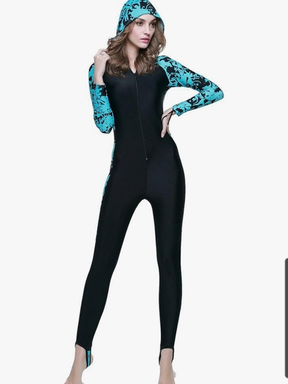 Black & Turquoise Hooded Women's Full Body Rash Guard Swimsuit XXXL